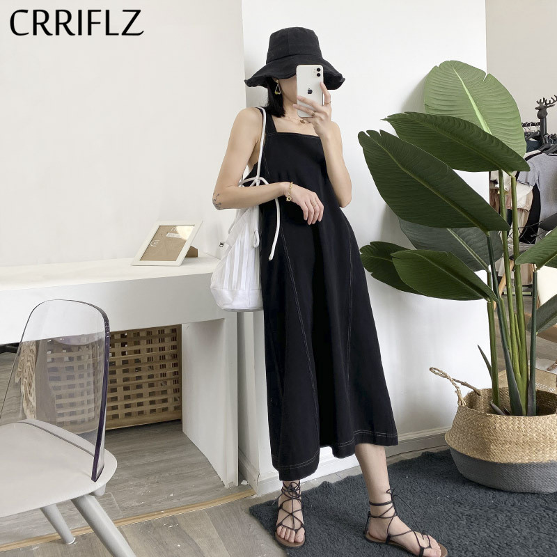 

Summer Cotton Casual Strap Dress Women Sleeveless Slash Neck Solid Tank Straight Mid-calf CRRIFLZ 210520, Black