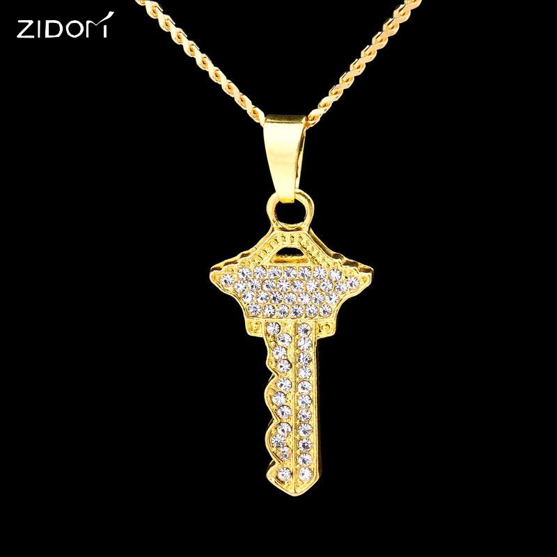 

Pendant Necklaces Men Gold Color Hiphop Key Shape Stainless Steel 60cm Long Cuban Chain Fashion Hip Hop Necklace Jewelry