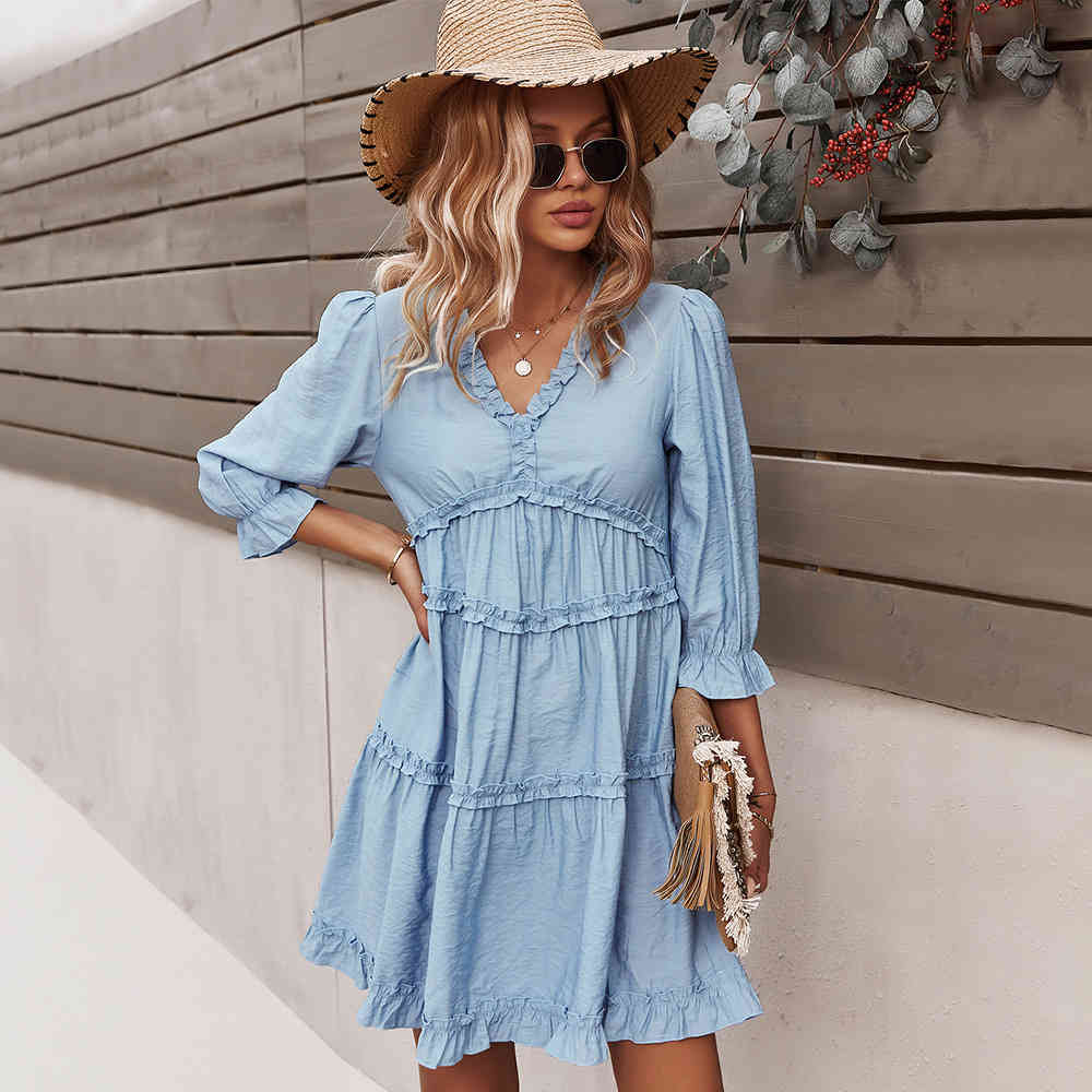 

Summer Dress Women Casual Three Quarter Sleeve V Neck Mini Dress For Woman High Waist Ruffle A-Line Green Dress Female Clothing 210521, Sky blue