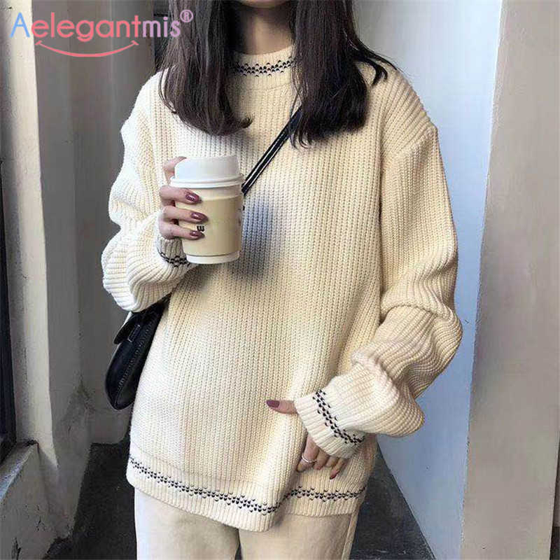 

Aelegantmis Korean Ribbed Floral Loose Pullover Women Thick Warm Long Sleeves Sweater Female Oversize High Quality Jersey Mujer 210607, Beige