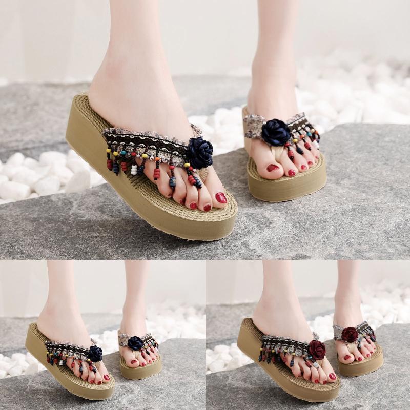 

Slippers Women Tassel Fashion Beach Breathable Sandals Home Slipper Flip-Flops Wedges Shoes Slip On, Wine
