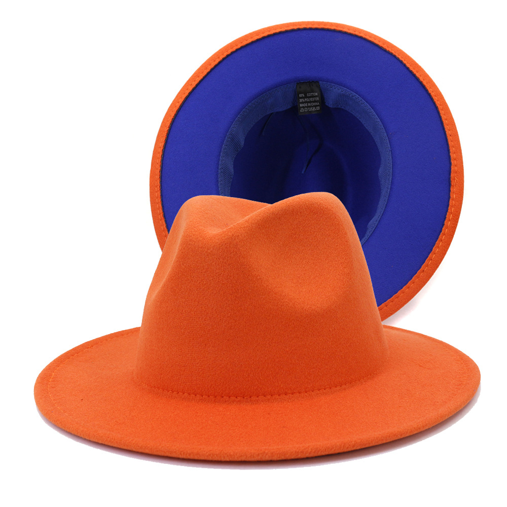 

Outer Orange Inner Blue Patchwork Jazz Fedora Hats Men Women Party Music Formal Hat Wide Brim Wool Felt Two Tone Panama Fedoras, Orange and blue