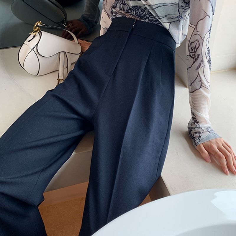 

Arrival Spring Summer High Waist Wide Leg Pants Vintage Women Temperament Long Trouser Casual Street Office Lady Bottoms 210519, Navy