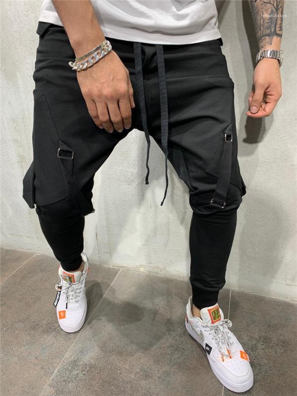 

Designer Pants Fashion Mulit Pockets Panelled Hip Hop Style Mens Sports Ankle Banded Pants Casual Males Clothing Solid Color Mens, Black
