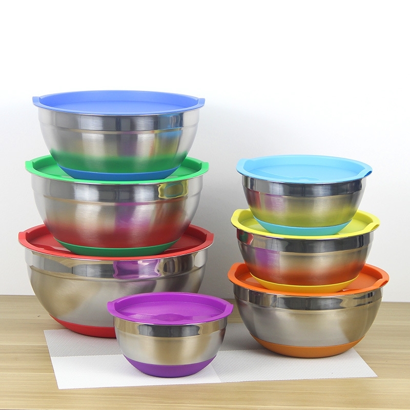 

Our factory produces stainless steel and basins. European salad are set color silicone mixing bowls with covers