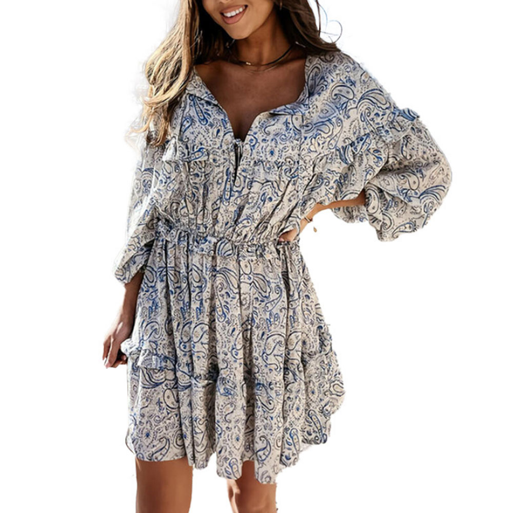 

Women's colthing dress suits knee length Folded Lantern Long Sleeve Printed 3/4 sleeves brief Summer light dresses 2021 back cocktail blue s-3xl size ball gowm