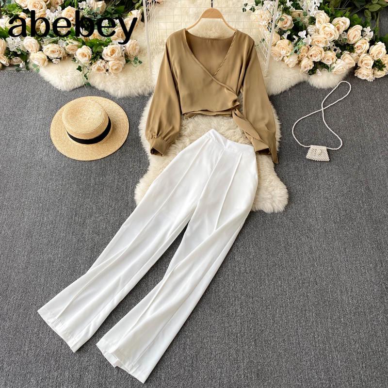 

Women Summer Korean Fashion V Neck Casual Long Sleeve Blouses+High Waist Pants Two Piece Set Women, Khaki