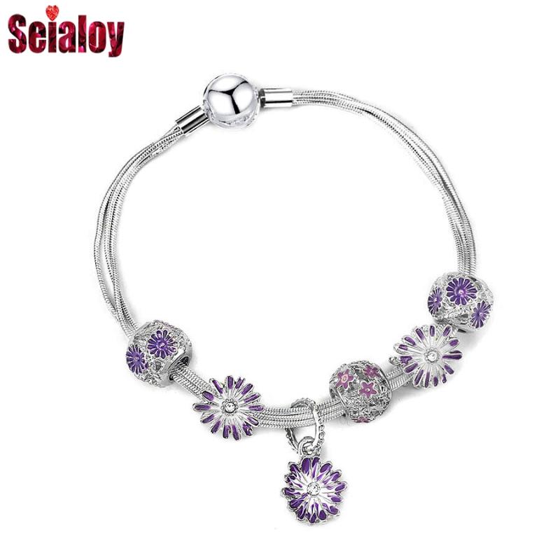 

Seialoy Purple Daisy Flower Charm Bracelets For Women Original Beaded Moments Multi Snake Chain Bracelet Gift, Golden;silver
