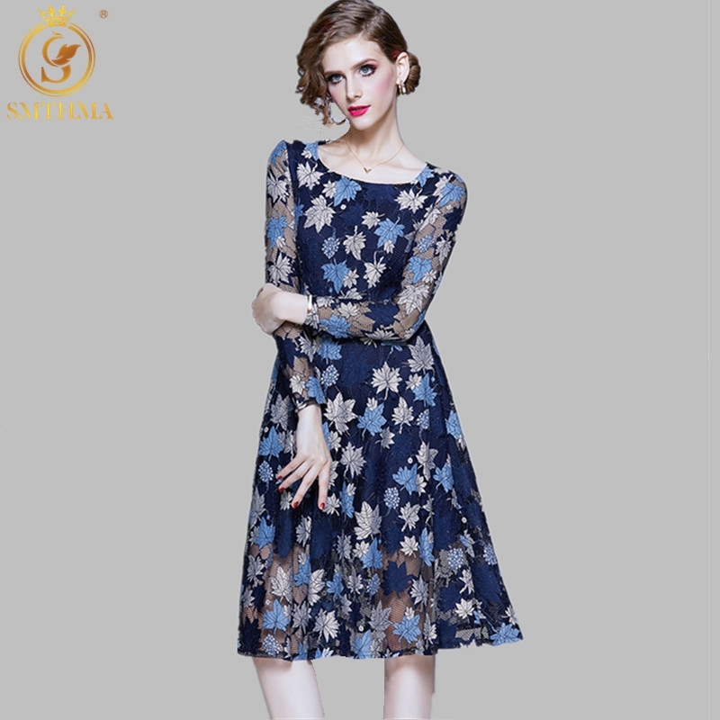 

Spring Lace Dress Womens Work Casual Slim Fashion O-Neck Hollow Out Party Dresses Women Vintage Vestidos 210520, Photo color