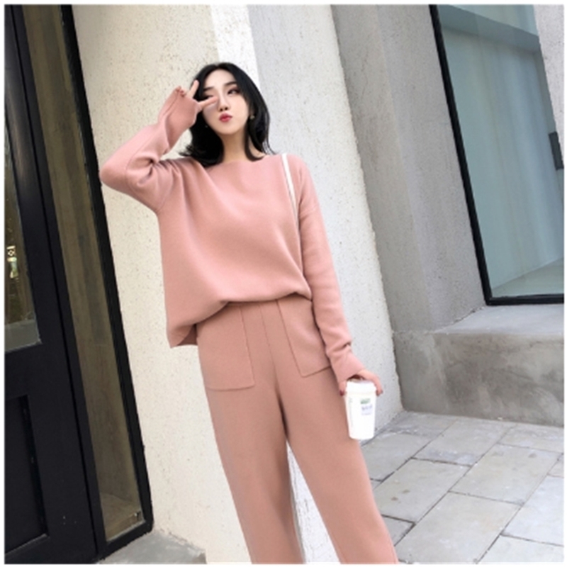 

2 Piece Set Women Sweater Two Knitted Slim Tracksuit Autumn Winter Fashion Pullover Sporting Pants Suit Female 210520, Rice white