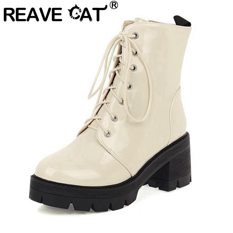 

Boots REAVE CAT 2021 Ladies Ankle Knight Platforms Zip Lace Up Punk Breathable 7CM Thick Sole Block Heel Black Red Beige A4462