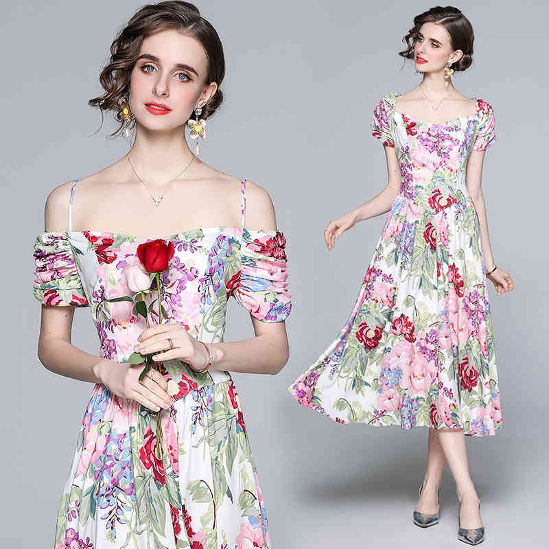 

Summer Women's Spaghetti Strap Long Dress Vestidos Robe Femme Boho Vacation Off Shoulder Printted Beach Party 210525, Pink
