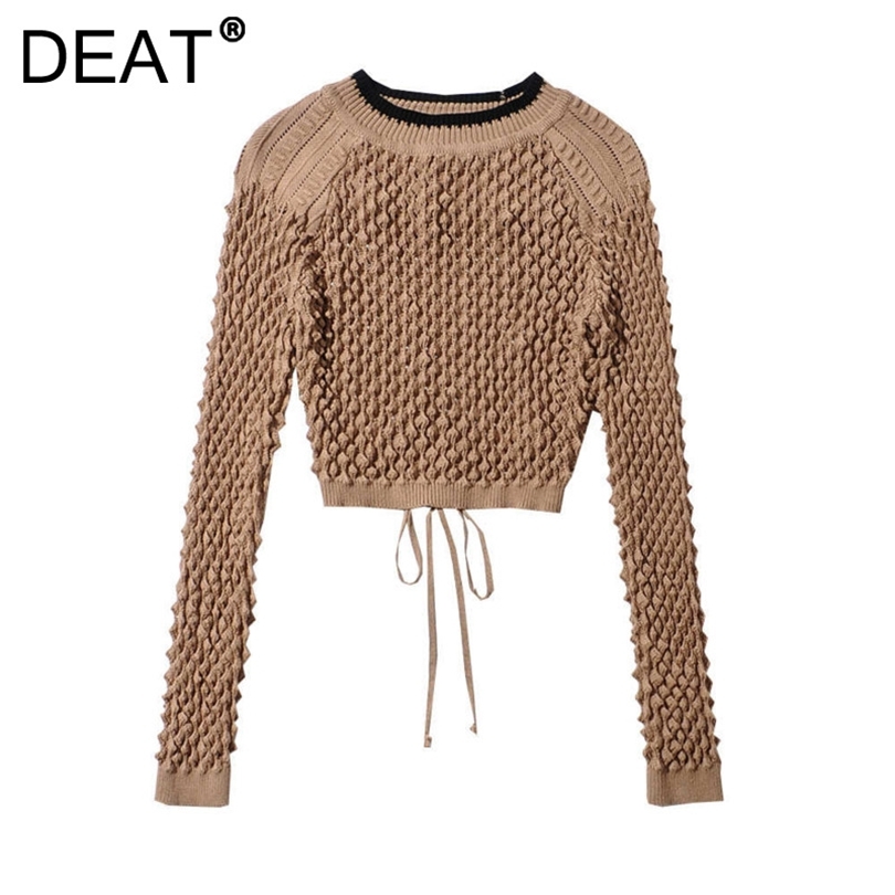 

[DEAT] White Fashion Spring Autumn Round Neck Hollow Out Backless Drawstring Knitting Loose Sweater Women 13C215 211018