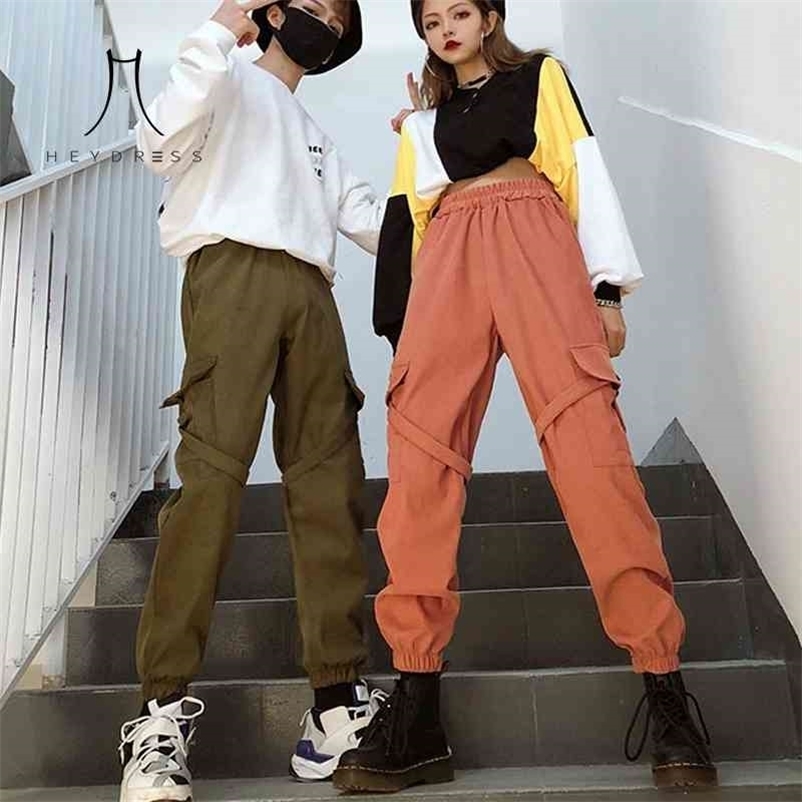 

Pocket High Waist Loose Jogger Pant Women Harem Cargo Pants Streetwear Punk Harajuku Hip Hop Sweatpant Trousers 210517, Orange