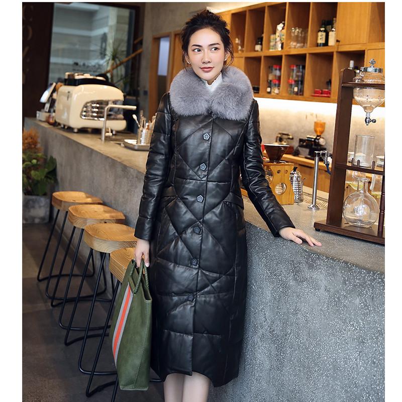 

Women's Leather & Faux Real Fur Collar Sheepskin Down Jackets Female Genuine Long Coats Winter Thick Warm Overcoats Size S-XXL, As pic