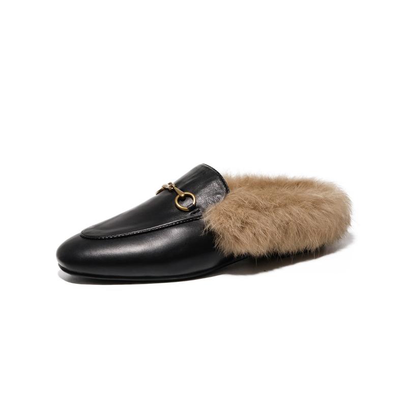 

Slippers 2021 Spring Autumn Fashion Women Soft Fur In Beautiful Metal Chain Decoration Casual Shoes, Black