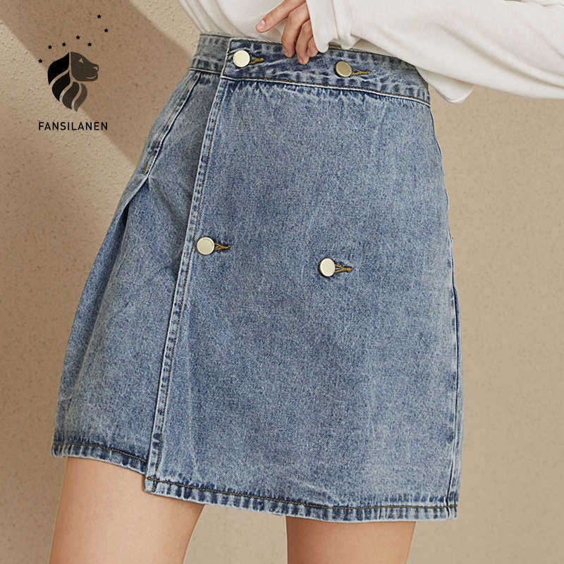 

FANSILANEN Blue high waist mini denim skirt Women casual short a line jeans Female vintage pleated wrap summer sexy 210607