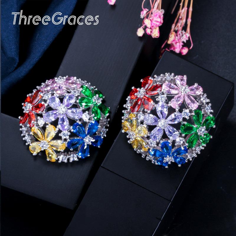 

Stud ThreeGraces Colorful Design Pure Silver Color Romantic Flower Cubic Zirconia Big Round Earrings Fashion Jewelry ER185, Golden;silver