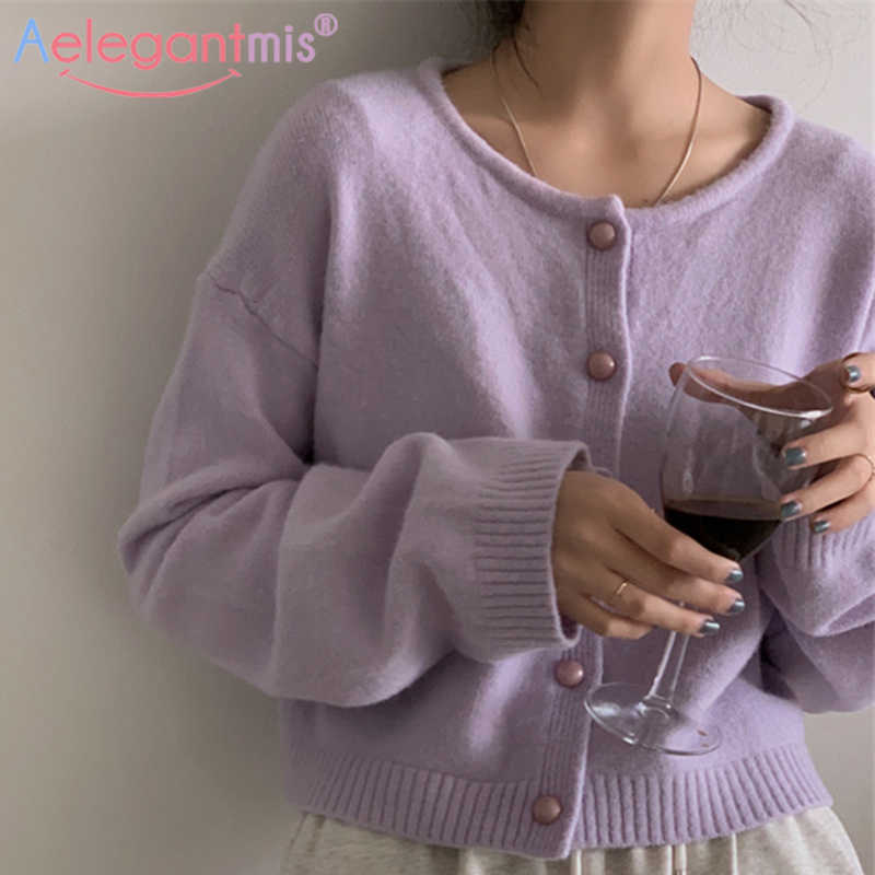 

Aelegantmis Korean Women Thin Soft Button Up Solid Cardigan Sweater High Quality Vintage Chic O Neck Female Spring 210607, Pink