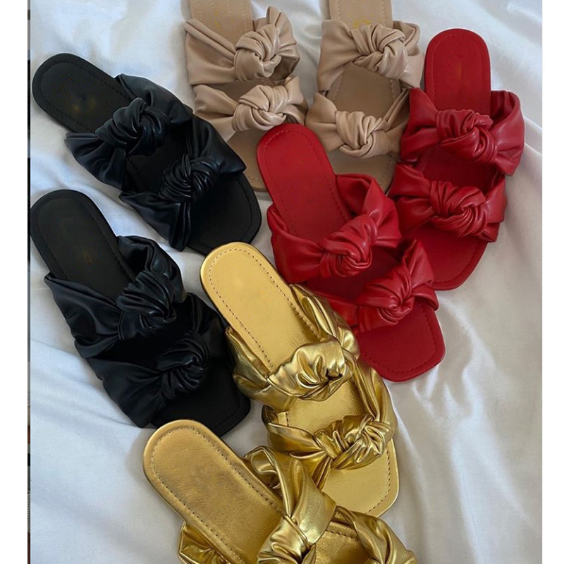 

Fashion solid color casual all-match double row bow decoration outdoor Women slippers 2021 summer new plus size beach slippers, Red