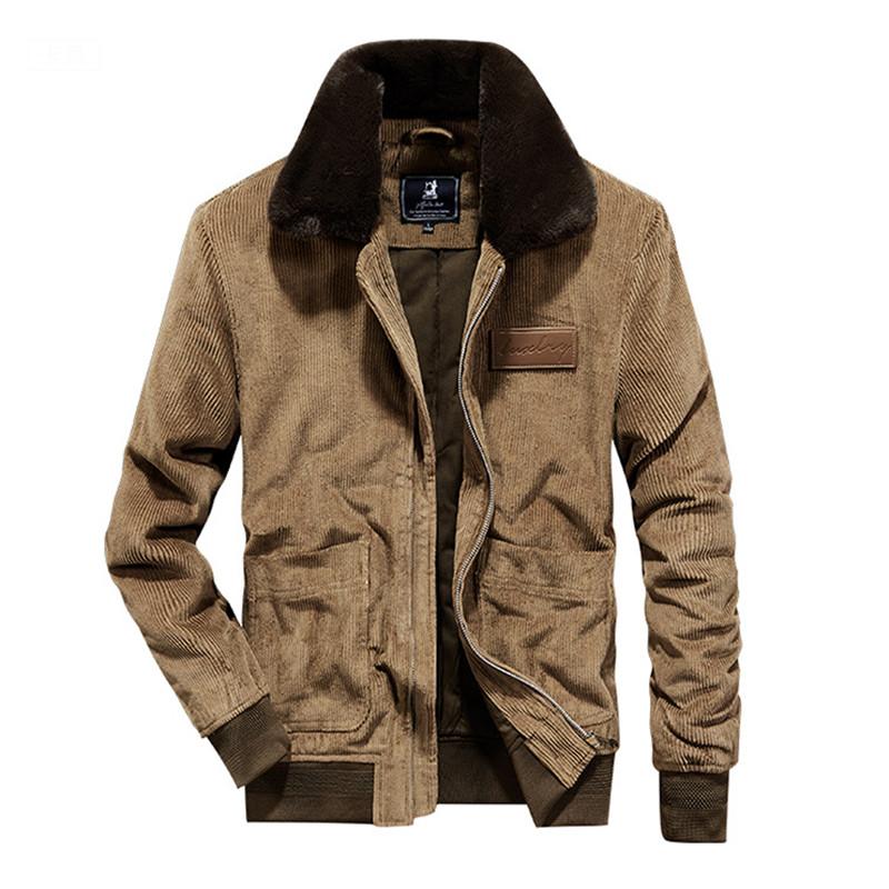 

Men's Jackets Man Casual Cargo Jacket Cotton Padded Thick Thermal Corduroy Bomber Coat With Fur Collar Winter Warm Parka Windbreaker, Black;brown