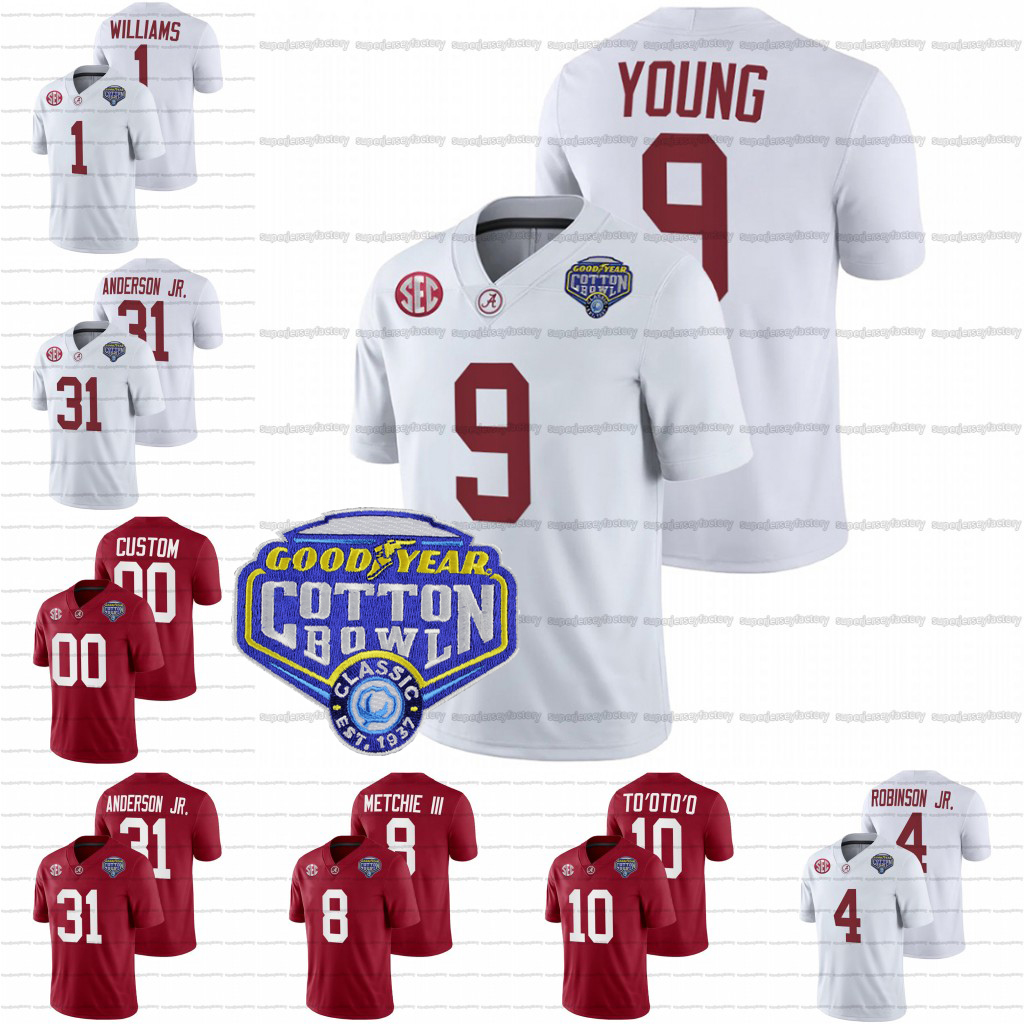 

Custom Alabama Crimson Tide Jersey College Football 2021 Cotton Bowl Bryce Young Henry To'oTo'o 8 John Metchie III Will Anderson Jr. Jameson Williams Brian Robinson Jr., White youth s-xl