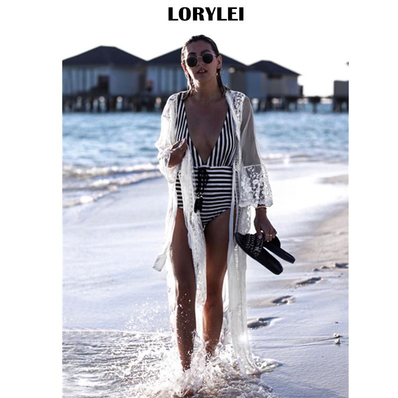 Sexy voir à travers les maillots de bain tunique en dentelle blanche vêtements de plage pour femme Long Kimono Cardigan maillot de bain couvrir S