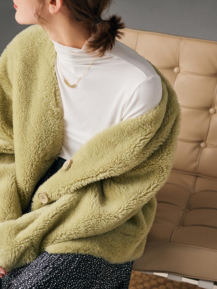 

Women' Fur & Faux Green Shearling Jacket Thick Single Breasted V-Neck Coats And Jackets Women 2021 Winter Warm Coat