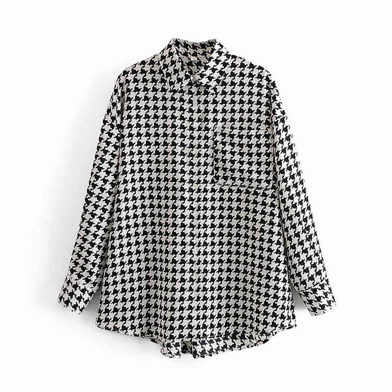 

Vintage Stylish Pockets Oversized Houndstooth Plaid Jacket Coat Women Fashion Lapel Collar Long Sleeve Loose Chic Top 210520, Multi