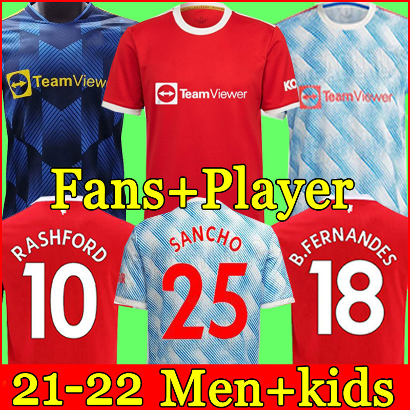 

21 22 SANCHO Manchester soccer jersey UNITED Fans Player version MAN BRUNO FERNANDES LINGARD POGBA RASHFORD football shirt UTD 2021 2022 men + kids kit sets uniform, 21-22 home men