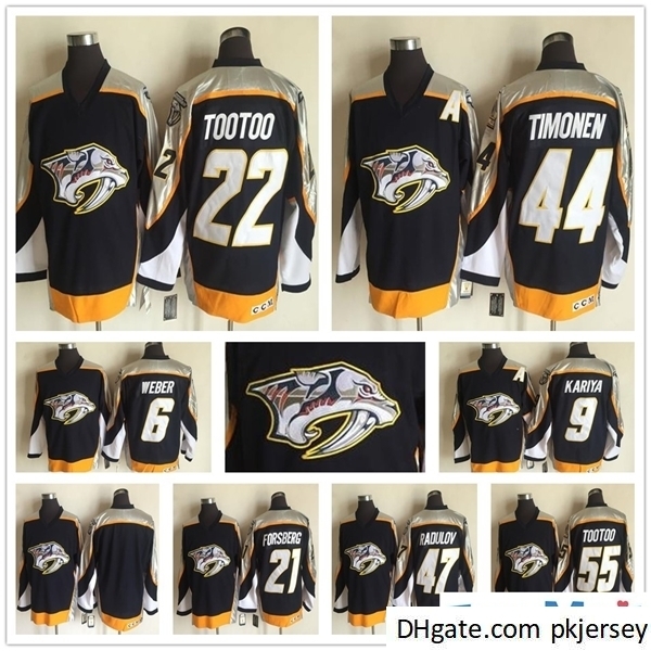 

Nashville Predators Mens 22 Jordin Tootoo 6 Shea Weber 9 Paul Kariya 21 Peter Forsberg 44 Kimmo Timonen 47 Alexander Radulov Jersey, Black;red