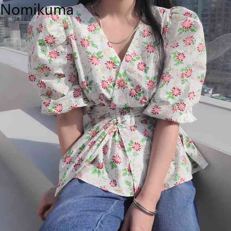Nomikuma Korean Flroal Women Blouses Puff Sleeve V-neck Top Shirts Summer New Belt Slim Waist Elegant Blusas Femme 6H190 210427