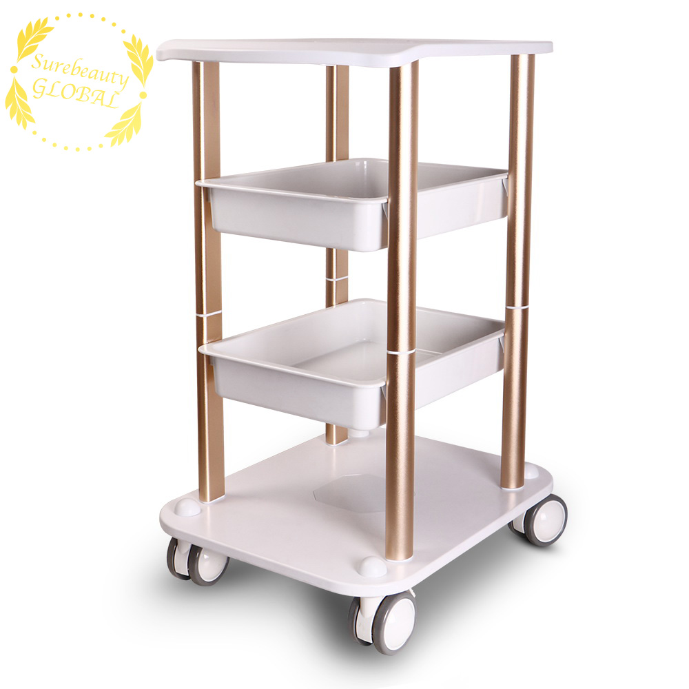 Mobilier de salon chariot spa style piédestal chariot roulant deux étagères abs aluminium stock américain dans le centre de beauté