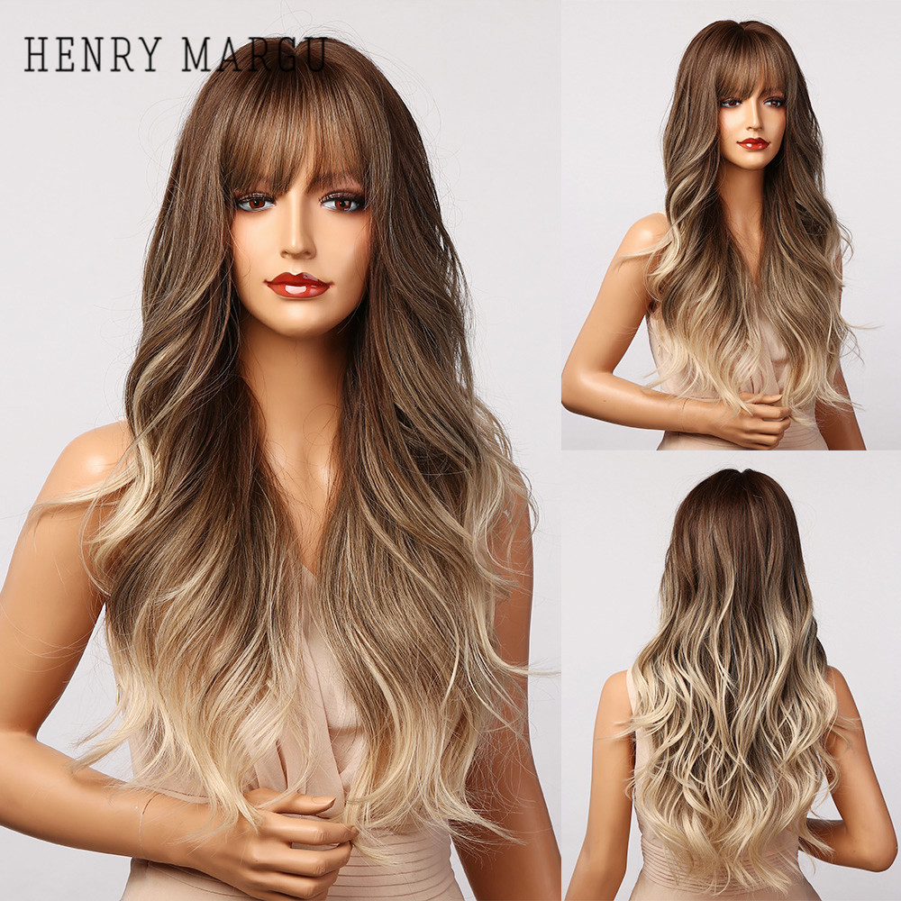

henry margu long brown blonde ombre wavy synthetic wigs with bangs natural hair wigs for women heat resistant daily cosplay wig, Black