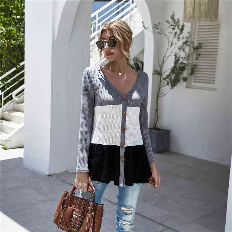 

Autumn Women Sweater Stitching Contrast Button Loose Cardigan Long Sleeve Casual Knitted Female V Neck Cardigans 210517, Gray