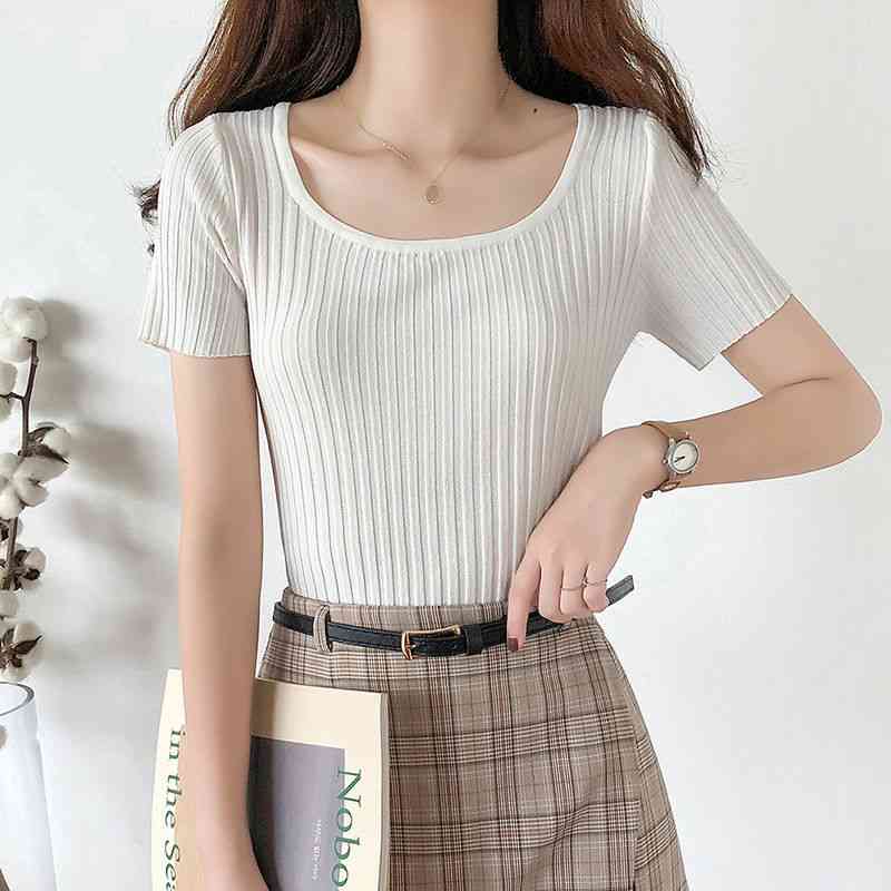 

Knitted T-shirts Women Square Neck Plain Tees Solid Cotton Short Sleeve T-Shirts For Womem Summer 210518, White