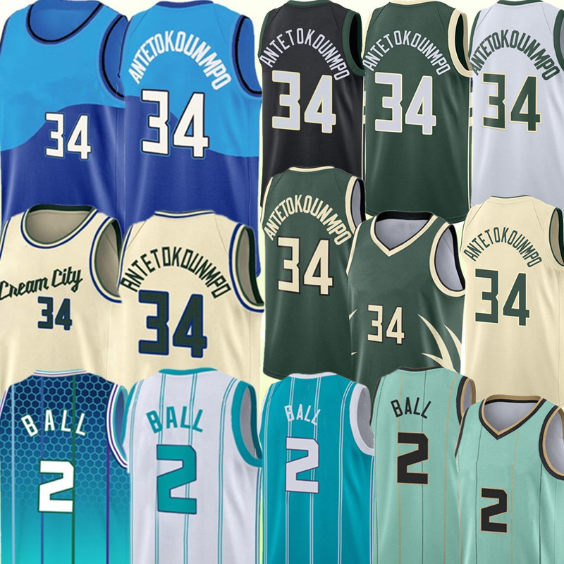 

Top Giannis 34 Antetokounmpo Jersey Green LaMelo 2 Ball Basketball Jerseys Black White Blue M L  XXL Embroidery Logos