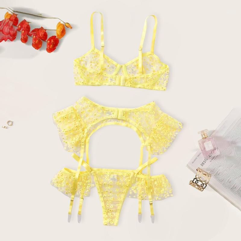 

Women Yellow Underwire Bra Set Floral Embroidery Lingerie Thong Garter Belt Ladies Temptation Underwear Nightwear #T1G Bras Sets