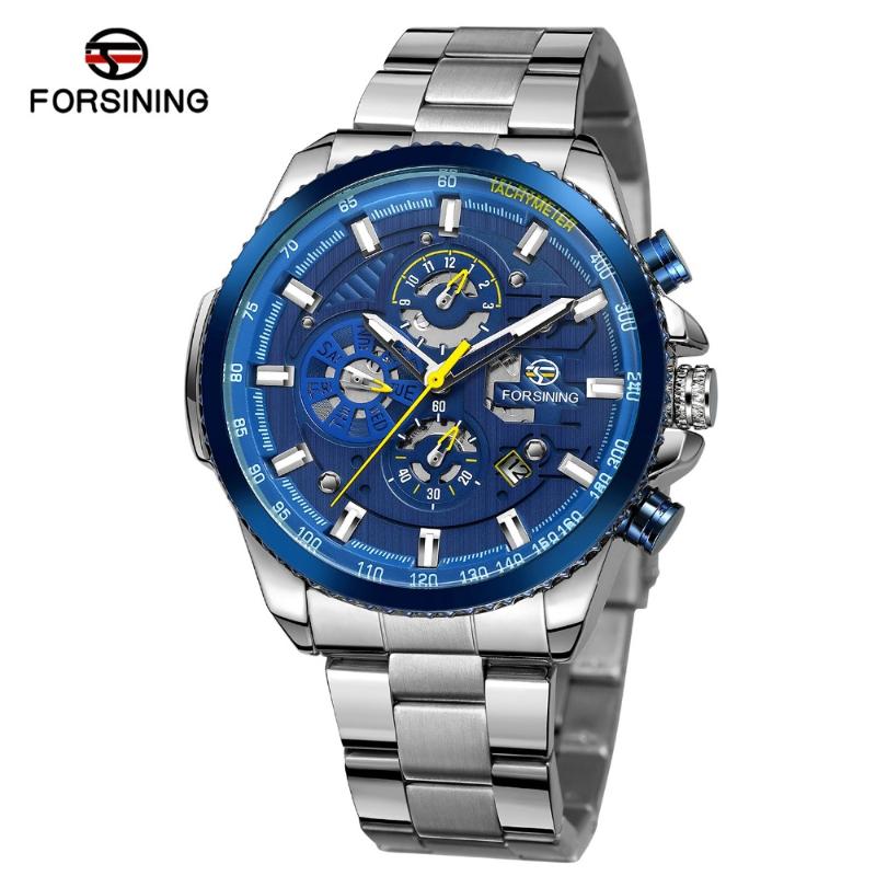 

Wristwatches Forsining Mens Mechanical Watch 3 Sub Dial Hands Stainless Steel Band Man Self-Wind Clock Blue Business Sport Montre Homme, Slivery;brown