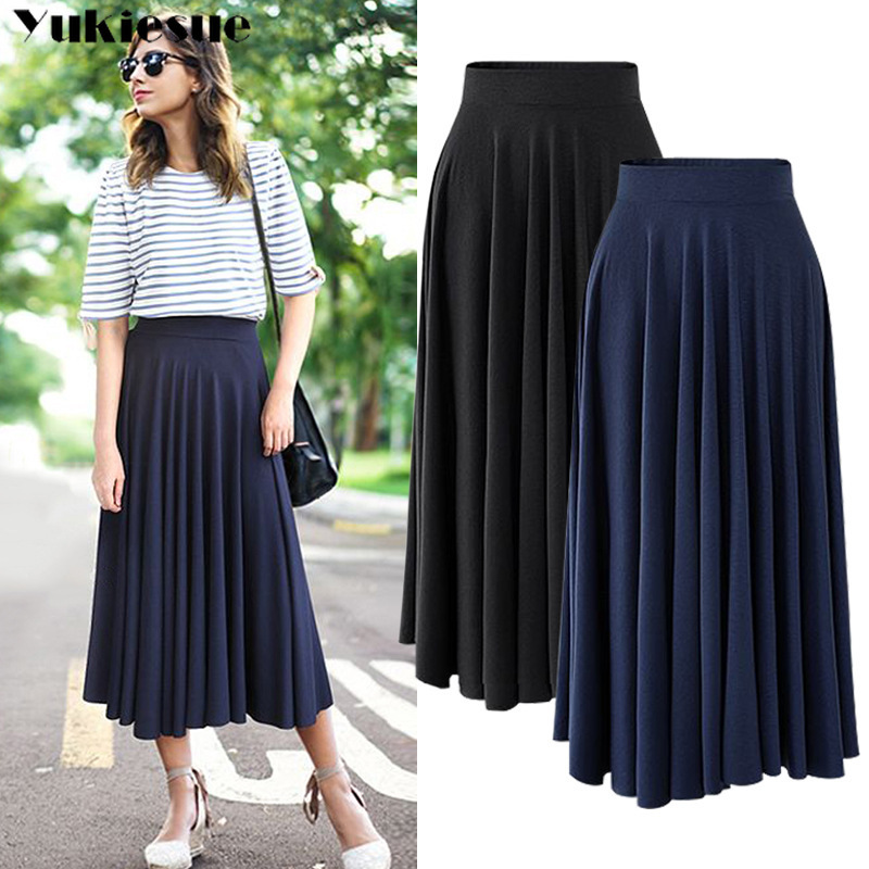 

S-6xl Plus Size Summer Solid cotton Knitted Long Pencil Skirt Womens Autumn High Waist pleated Black Maxi Skirt For Women 210519