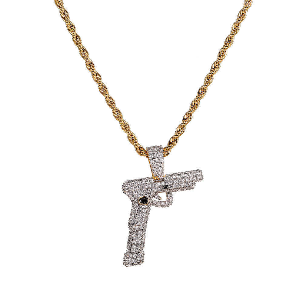 

Hip Hop Micro Paved AAA Cubic Zirconia Bling Ice Out Automatic pistol Gun Pendants Necklaces for Men Rapper Jewelry Gold Color X0707