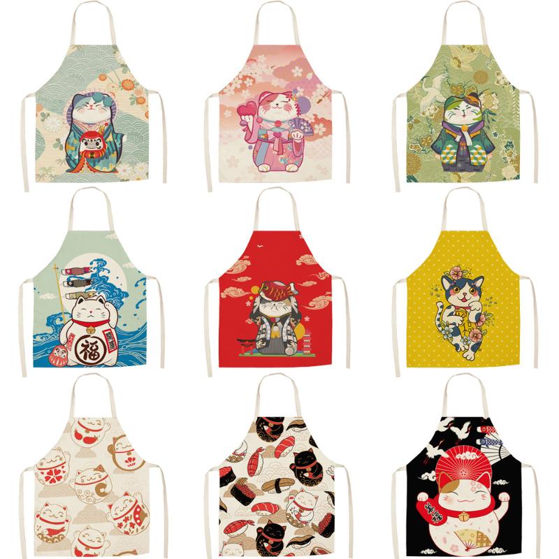 

Japanese Style Cute Beckoning Cat Apron Kitchen For Women Cotton Linen Bibs Household Cleaning Pinafore Home Cooking Aprons