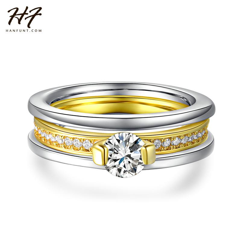 

Wedding Rings Gold-color And Silver Color Round CZ Crystal Bijoux Ring Set Fashion For Women Aniversary Gift R637 R636, Slivery;golden