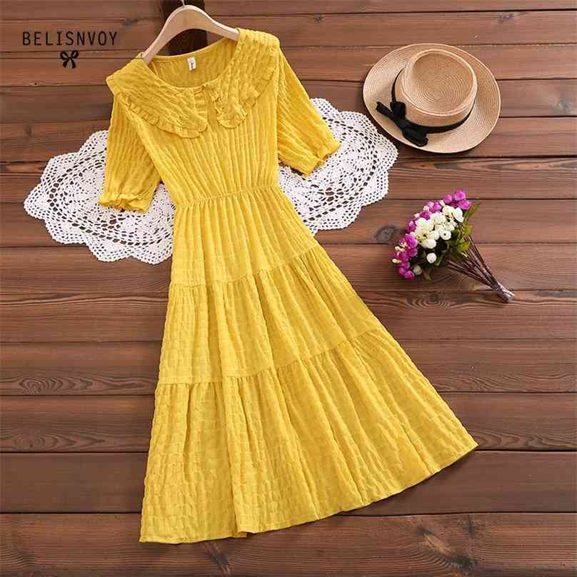 

Japan Students Mori Girl Summer Dress Women Peter Pan Collar Short Sleeve Midi Dresses Elegant Chiffon Ruffles Vestidos 210520, Green