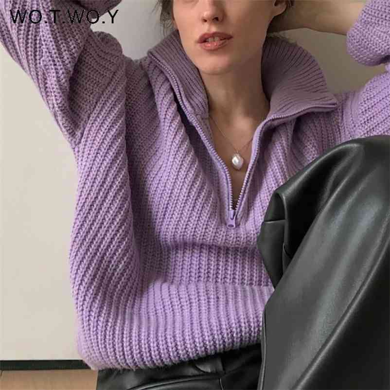 

WOTWOY Autumn Winter Thickening Knitted Sweater Women Casual Zipper Polo Collar Loose Pullovers Female White Jumper 210830, 21092-purple