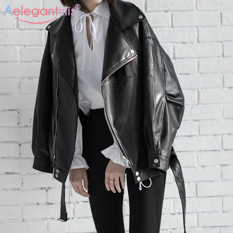 

Aelegantmis Loose Women Soft Faux Leather Jacket With Belt Black Pu Leather Biker Jacket Lady Basic Coat Street Casual Outerwear, Beige and belt