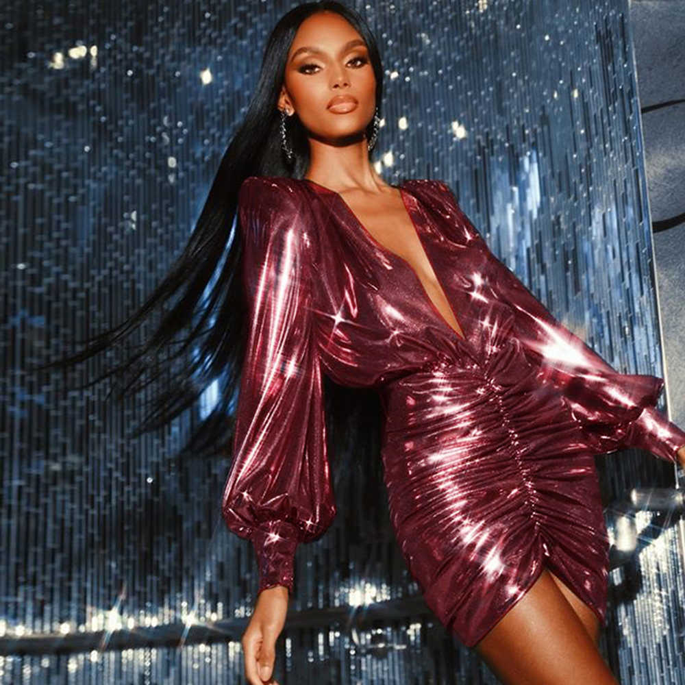 

Ocstrade Bodycon Dress Sexy Deep V Neck Purple Spring Autumn Women Lantern Sleeve Night Club Party es 210527, Blue