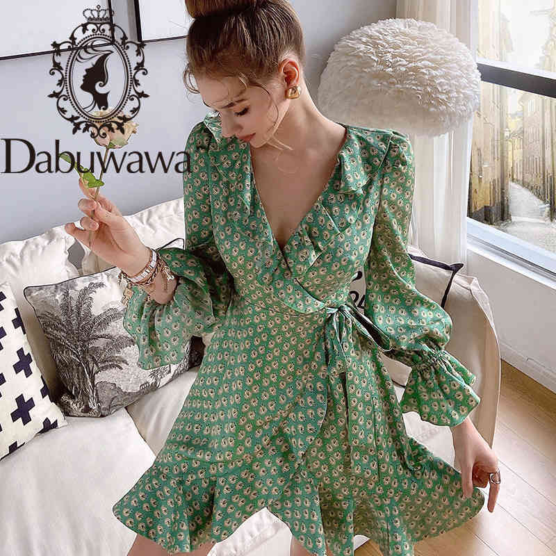 

Dabuwawa Exclusive Vintage Floral Print Summer Dress Women Ruffle Sash Split Hem Dresses Ladies Holiday Asymmetry DO1ADR031 210520, Green