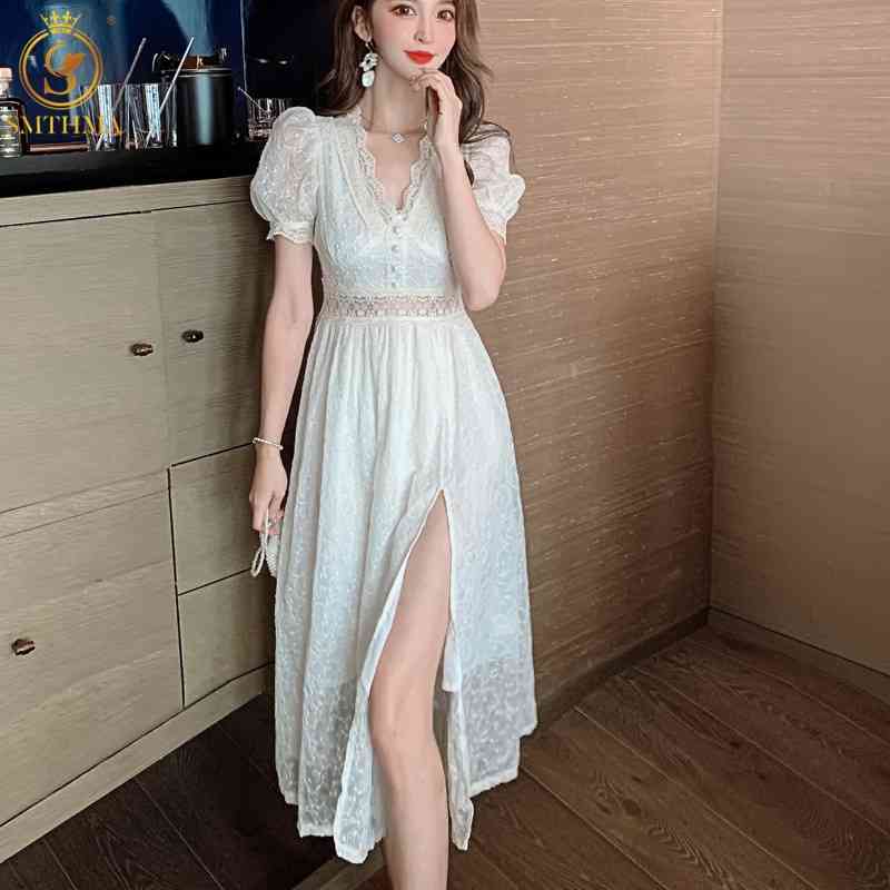 

Lace Hollow Out Embroidery White Summer Dress Women Sexy V-Neck Short Sleeve Elegant Long Vestidos 210520, Photo color