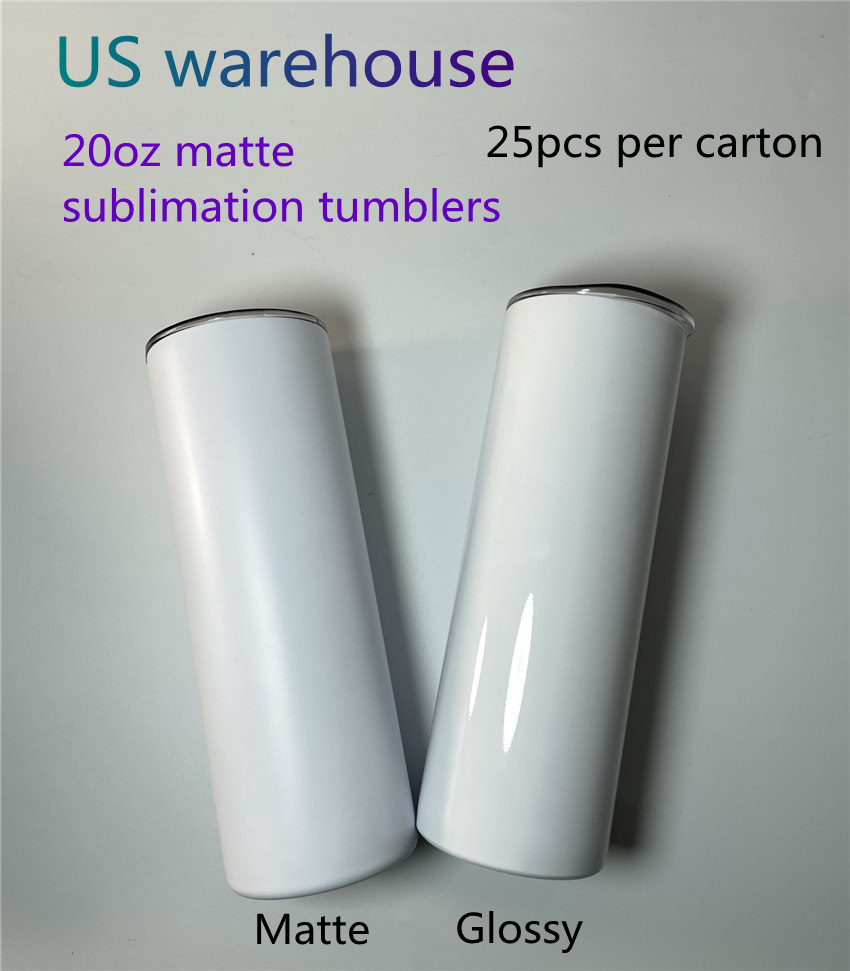

US warehouse 20oz Matte Sublimation Straight Tumblers Blanks Stainless Steel Car Cup Tumbler Travel Mugs white Water Bottle Double wall Vacuum Insulated Cups, 20oz matte (25pcs per carton)